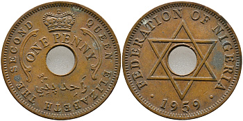 Нигерия 1 пенни 1959 Елизавета II (1952-), Британский протекторат KM 2 бронза 51-1945