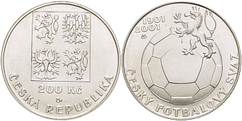 Чехия 200 крон 2001 100 лет чешской футбольной ассоциации (1901-2001) KM 52 серебро UNC 00-00-00