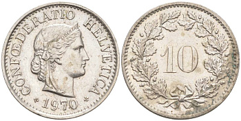 Швейцария 10 раппенов 1970 KM 27 медно-никель 55-424