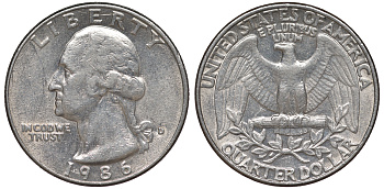 США 25 центов = квотер 1986 D, Вашингтон KM A164a медь плакированная медно-никелем 4543-357