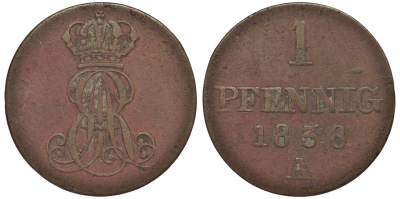 Ганновер 1 пфенниг 1838 A, Эрнст Август (1837-1851) KM 173.1, AKS 126, J. 54 медь 75-815