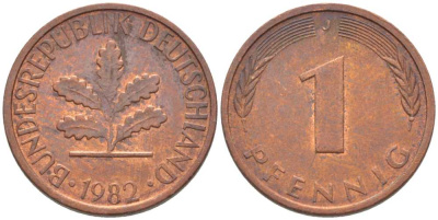 ФРГ 1 ПФЕННИГ 1982 J KM 105, J. 380 сталь плакированная медью 116-359