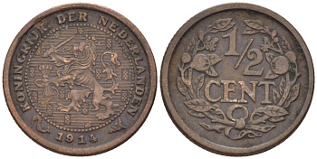 НИДЕРЛАНДЫ 1/2 ЦЕНТА 1914 ВИЛЬГЕЛЬМИНА (1890-1948) KM 138 бронза 39-164