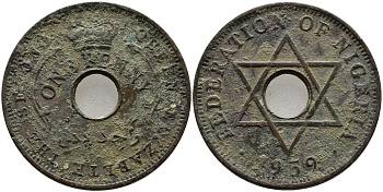 Нигерия 1 пенни 1959 Елизавета II (1952-), Британский протекторат KM 2 бронза 51-335