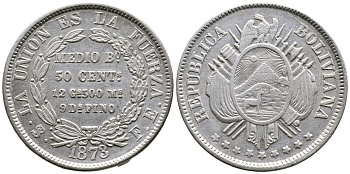 Боливия 50 сентаво 1873 FE KM 161.1 серебро 00-00