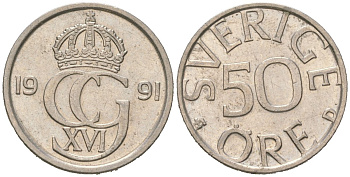 Швеция 50 эре 1991 Карл XVI Густав (1973- ) KM 855 медно-никель UNC 4618-251
