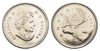 Канада 25 центов 2003 P, Елизавета II (1952-2022), олень KM 493 сталь плакированная никелем BU 4637-835