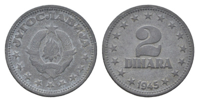 Югославия 2 динара 1945 год-тип KM 27 цинк 4660-447