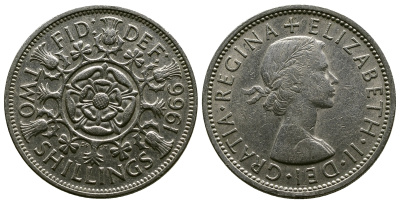 Великобритания 2 шиллинга (флорин) 1966 Елизавета II (1952-2022) KM 906, Spink 4146 медно-никель 4382-616