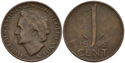Нидерланды 1 цент 1948 Вильгельмина I (1890-1948) KM 107 бронза 4164-237