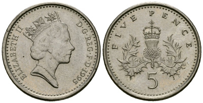 Великобритания 5 пенсов 1995 Елизавета II (1952-2022) KM 937b, Spink 4372 (D4) медно-никель 4173-757