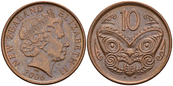 Новая Зеландия 10 центов 2006 маска Маори, Елизавета II (1952-) KM 117а сталь плакированная медью 186-551
