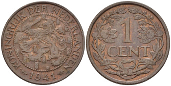 НИДЕРЛАНДЫ 1 ЦЕНТ 1941 ВИЛЬГЕЛЬМИНА (1890-1948) KM 152 бронза 39-111