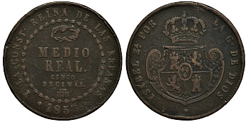 Испания 1/2 реала 1853 Изабелла II (1833-1868) KM 591 медь 1521-1624