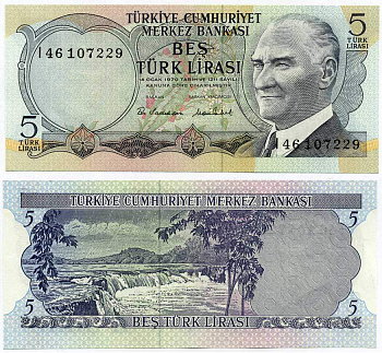 ТУРЦИЯ 5 ЛИР 1976 ПРЕЗИДЕНТ КЕМАЛЬ АТАТЮРК, МАНАВГАТ ВОДОПАД В АНТАЛИИ Pick 185 бумага UNC (ПРЕСС) 8592-14-1-1