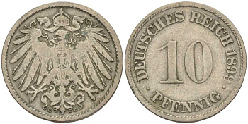 ГЕРМАНИЯ 10 ПФЕННИГОВ 1899 G KM 12, J. 13 медно-никель 4401-1113