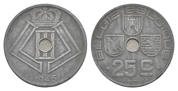Бельгия 25 сантимов 1946 Belgie - Belgique, Леопольд III (1934-1951), германская оккупация, Вторая мировая война KM 132 цинк 4538-943