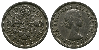 Великобритания 6 пенсов 1954 Елизавета II (1952-2022) KM 903, Spink 4149 медно-никель 4381-645