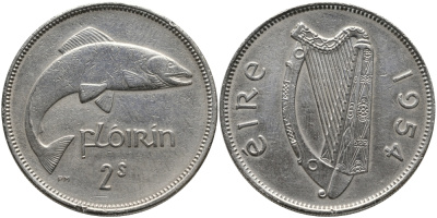ИРЛАНДИЯ 1 ФЛОРИН - 2 ШИЛЛИНГА 1954 ЛОСОСЬ KM 15а медно-никель 89-1537