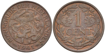 НИДЕРЛАНДЫ 1 ЦЕНТ 1941 ВИЛЬГЕЛЬМИНА (1890-1948) KM 152 бронза 39-111