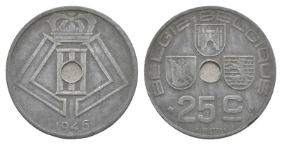 Бельгия 25 сантимов 1946 Belgie - Belgique, Леопольд III (1934-1951), германская оккупация, Вторая мировая война KM 132 цинк 4538-943