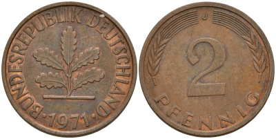 ФРГ 2 пфеннига 1971 J J.381a, KM 106a сталь плакированная медью    4598-767