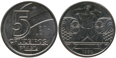 Бразилия 5 крузейро 1992 KM 618.2, Schon 127a нержавеющая сталь 4519-554