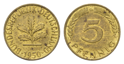 ФРГ 5 пфеннигов 1950 D KM 107, J. 382 сталь плакированная латунью aUNC 214-113