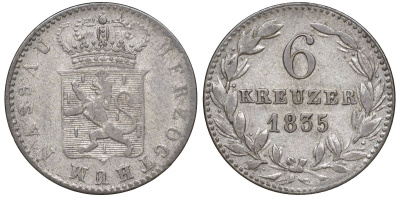 Нассау 6 крейцеров 1835 Вильгельм I (1816-1839) KM 53 серебро    188-455
