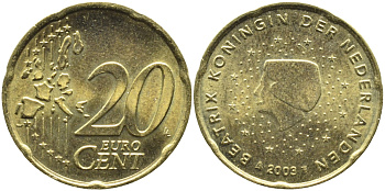 Нидерланды 20 евроцентов 2003 Беатрикс (1980-2013) KM 238 латунь UNC 08-1024