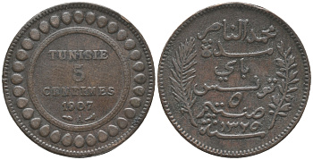 ТУНИС 5 САНТИМОВ 1907 А KM 235 бронза 28-1223