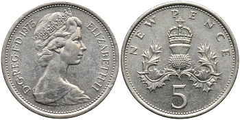 Великобритания 5 пенсов 1975 Елизавета II (1952-2022) KM 911, Spink 4233 (D1) медно-никель aUNC 4171-555