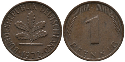 ФРГ 1 пфенниг 1972 J KM 105, J.380 сталь плакированная медью 99-322