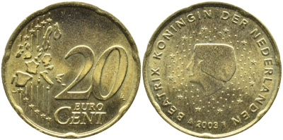 Нидерланды 20 евроцентов 2003 Беатрикс (1980-2013) KM 238 латунь UNC 08-1024