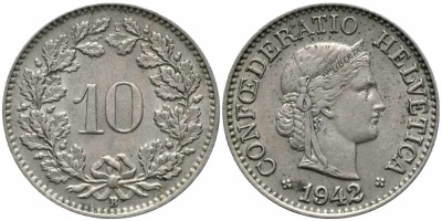 ШВЕЙЦАРИЯ 10 РАППЕНОВ 1942 B KM 27 медно-никель 100-744