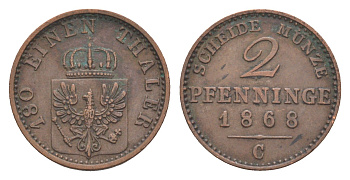 Пруссия 2 пфеннига 1868 C, Вильгельм I (1861-1888) KM 481, Jaeger 51, AKS 107, Olding 425 медь 4651-244