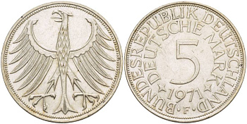 ФРГ 5 марок 1971 F KM 112.1, Jager 387 серебро 4542-1235