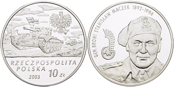 Польша 10 злотых 2003 MW, генерал бронетанковых войск Станислав Мачек (1892-1994) KM 468 серебро PROOF 1080-9-72