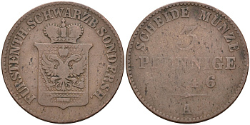 Шварцбург-Зондерсгаузен 3 пфеннига 1846 А, Фридрих Вильгельм IV (1840-1861) KM 453 медь 4586-525