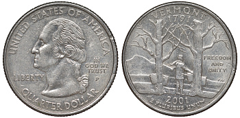 США 25 центов = квотер 2001 Р, серия штаты США, Вермонт KM 321 медь плакированная медно-никелем 4538-947