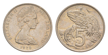 Новая Зеландия 5 центов 1970 Елизавета II (1952-2022), ящерица гаттерия KM 34.1 медно-никель 4178-327