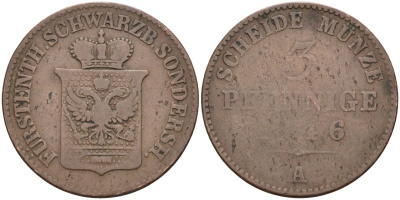 Шварцбург-Зондерсгаузен 3 пфеннига 1846 А, Фридрих Вильгельм IV (1840-1861) KM 453 медь 4586-525