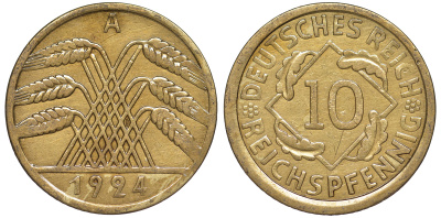 Германия 10 рейхспфеннигов 1924 A KM 40, J. 317 алюминиевая бронза 4604-654