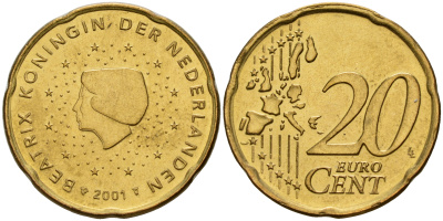 Нидерланды 20 евроцентов 2001 Беатрикс (1980-2013) КМ 238 латунь  UNC  4187-331