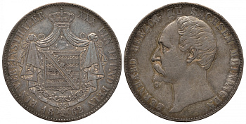 Саксен-Майнинген 1 талер 1862 Бернхард II (1821-1866) KM 167, Jaeger 450, Thun 379, AKS 184, Kahnt 504, Davenport 838 серебро 00-812-52