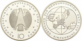 ФРГ 10 евро 2002 F, введение европейской валюты KM 215, DE.S. 10.1 серебро PROOF 1087-9-53