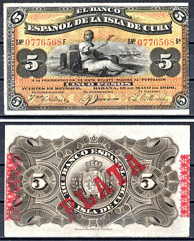 Куба 5 песо 1896 Испанская Администрация, надпечатка PLATA Pick 48 b бумага 402-68-1-1