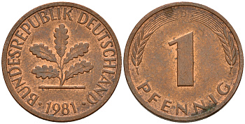 ФРГ 1 пфенниг 1981 D KM 105, J. 380 сталь плакированная медью    4598-616