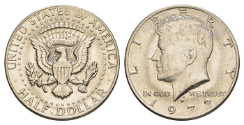 США 1/2 доллара (50 центов) 1972 D, Джон Кеннеди KM 202b медь плакированная медно-никелем aUNC 180-1121