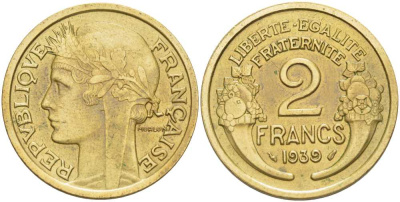 ФРАНЦИЯ 2 ФРАНКА 1939 ТИП MORLON KM 886, LE FRANC 268.12 алюминиевая бронза 180-524